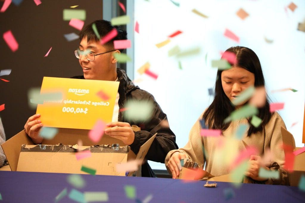 Students were called to Amazon Skills Center under guise of a Computer Science panel and were surprised with the announcement that they had won the AFE Scholarship.