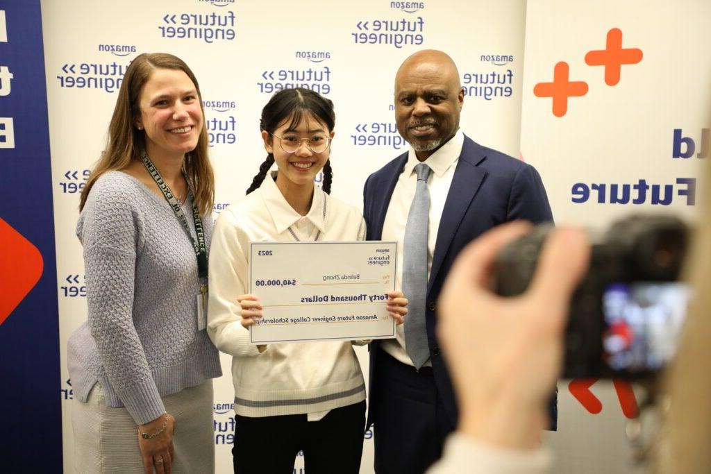 Students were called to Amazon Skills Center under guise of a Computer Science panel and were surprised with the announcement that they had won the AFE Scholarship.